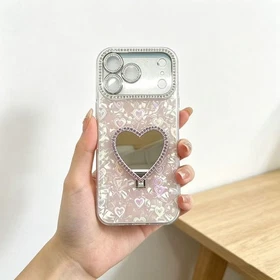 For iPhone 17 16 15 14 13 12 PM Heart Case Mirror Kickstand Glitter TPU  Cover