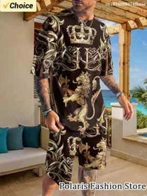 New Summer King Tracksuit Men Short Sleeve T Shirt Set Casual 2 Piece Sportwear