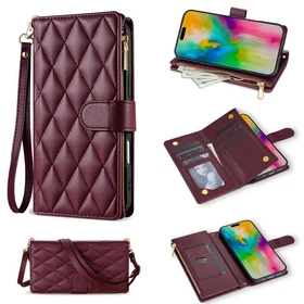 Zip Leather Flip Wallet Case For iPhone 17 16 15 Crossbody Card Bag Stand Cover