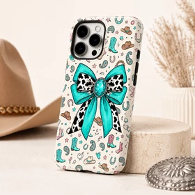 Western Cowgirl Turquoise Bow MagSafe Shockproof Phone Case For iPhone 11-17 Pro
