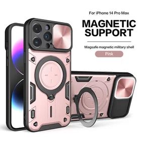 For iPhone 16 17 Pro Max 15 14 12 11 Magnetic Ring Stand w/Slide Lens Case Cover