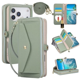 For iPhone 17 Pro Max 16 15 14 13 12 11 Phone Cover Zipper Leather Wallet Mirror