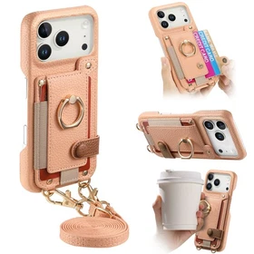 For iPhone 17 Pro Max 16 15 12 Crossbody Strap Wallet Card Slot Grip Ring Case