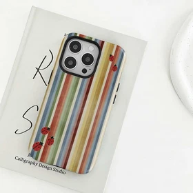 Retro Rainbow Stripe Phone Case Ladybug Pattern iPhone 11-17